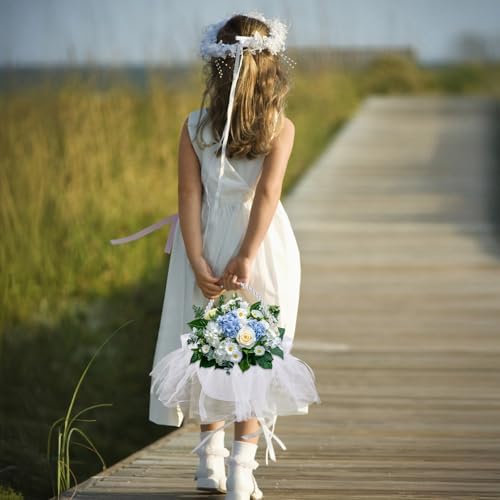 Ochine Wedding Flower Girl Basket with Pearl Handle Bowknot