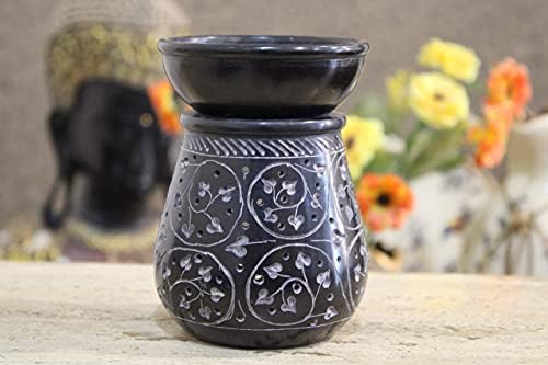 Handmade Soapstone Aroma Oil Burner with Round Floral Carving