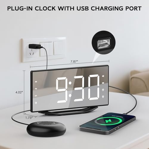 Vibrating Alarm Clock with LED Mirror and Bed Shaker