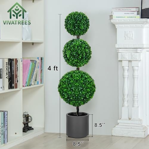 4FT Artificial Triple Ball Topiary Trees with Gray Planter Pot Set of 2