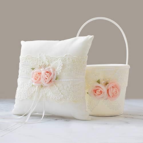 Flower Girl Basket and Ring Bear Pillow Set - Ivory