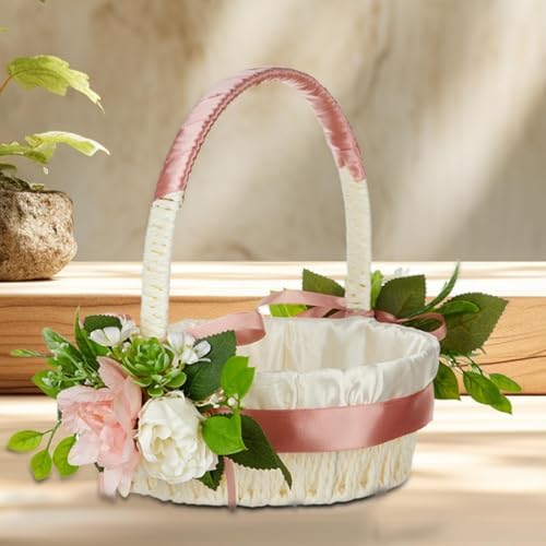 Elegant White Satin Flower Girl Baskets with Pearl Accents