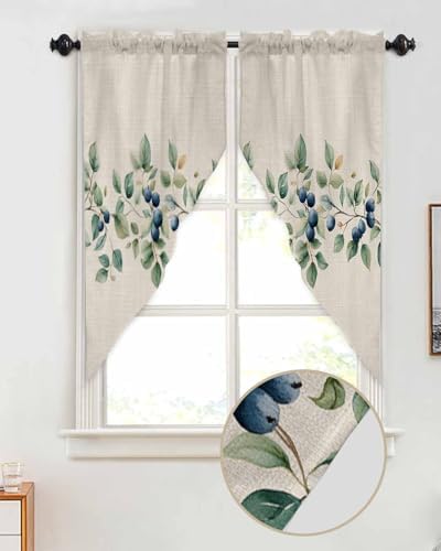 Blueberry Rustic Leaf Linen Swag Curtains - Rod Pocket Panels