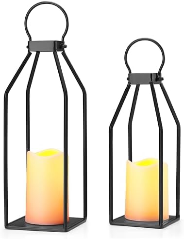 Perfnique Modern Farmhouse Lantern Decor Set of 2 Black Metal