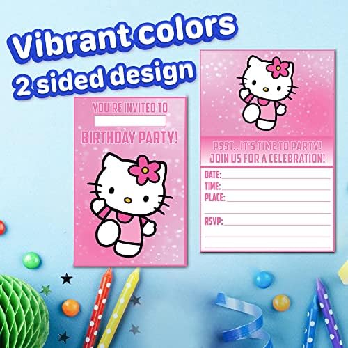 Set of 30 Cute Pink Cat Birthday Invites - Lightweight Party Cards