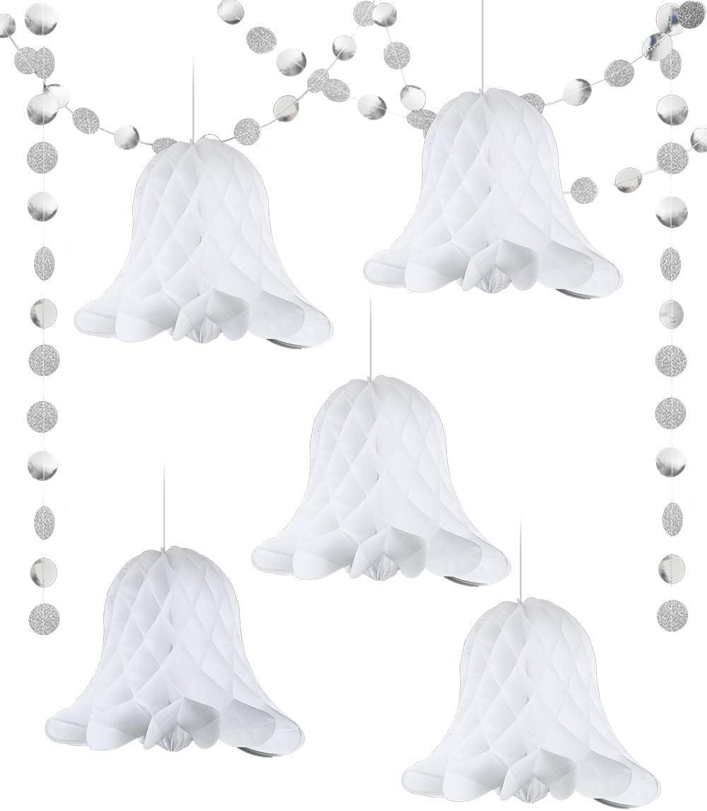 Hanging Paper Bells with Glittery Silver Tassels Set