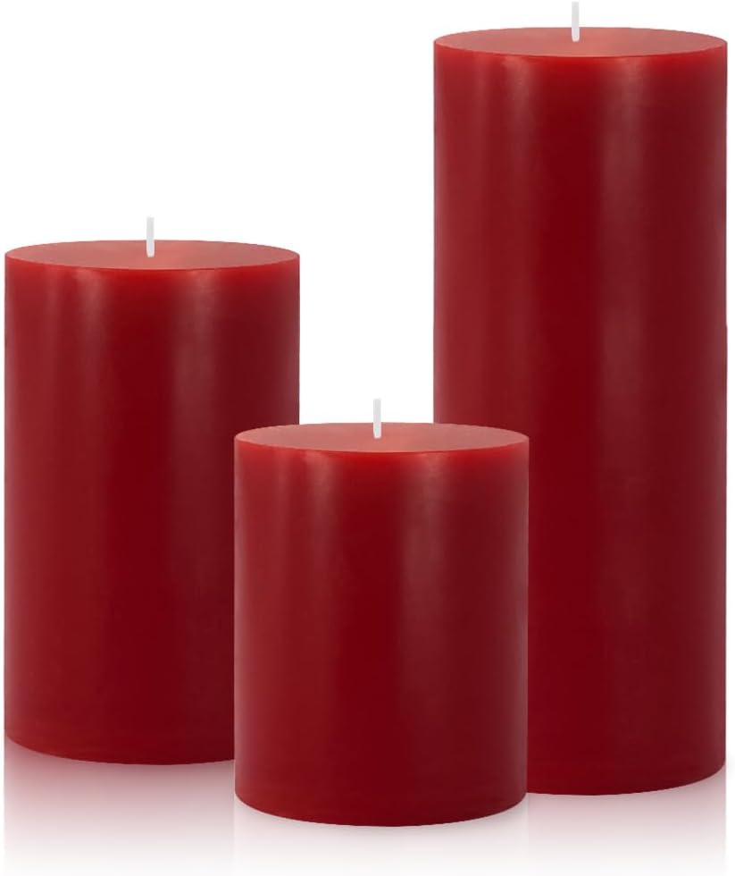 Set of 3 Red Burgundy Pillar Candles Dripless and Unscented