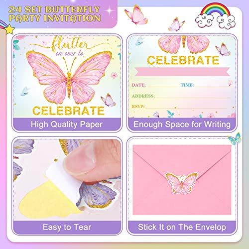 Sepamoon 24 Pack Butterfly Birthday Invitations with Envelopes and Stickers Pink