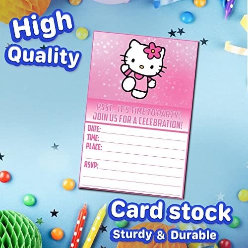 Set of 30 Cute Pink Cat Birthday Invites - Lightweight Party Cards