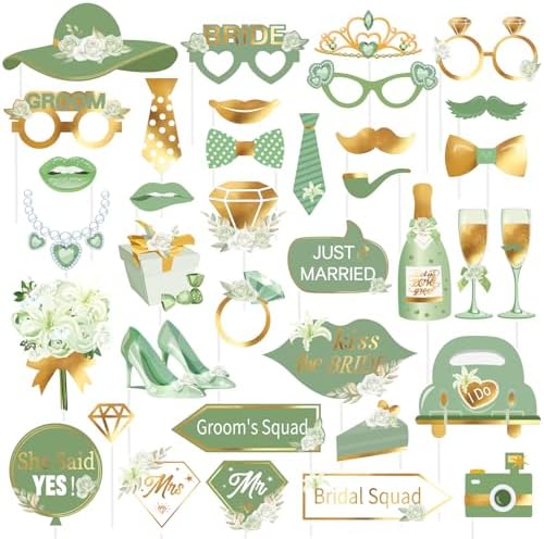 SUNBEAUTY 38 PCS Sage Green Photo Booth Props for Wedding