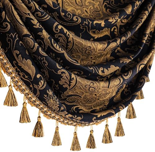 Loom and Mill Luxury Waterfall Valance 59 Inch Black Damask Swag