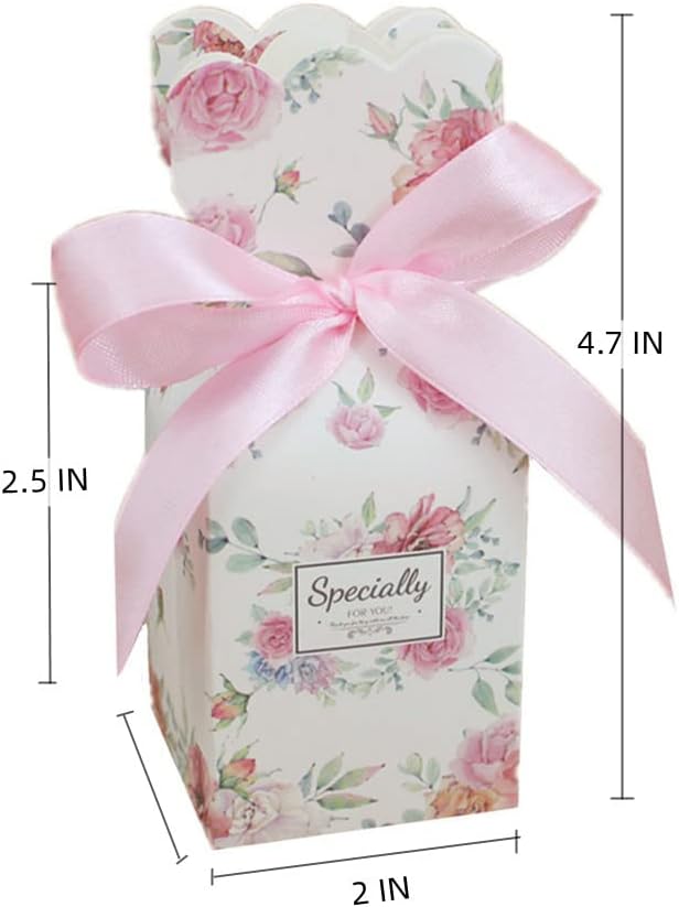 KUPOO 50PCS Candy Boxes with Pink Ribbon Wedding Party Favor