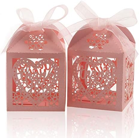 COTOPHER 60pcs Laser Cut Pink Thank You Boxes with Ribbons