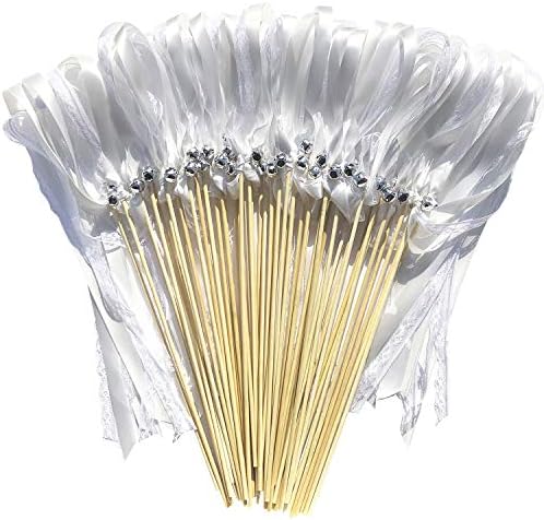 Kingsnow 50 Pack White Lace Streamer Wands with Silver Bells