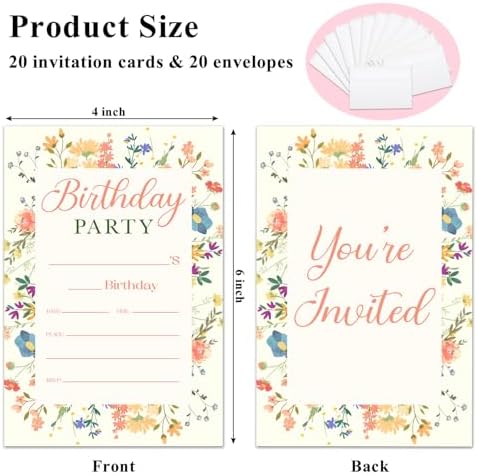 Wildflower Birthday Invitation Cards with Envelopes - 20 Pack