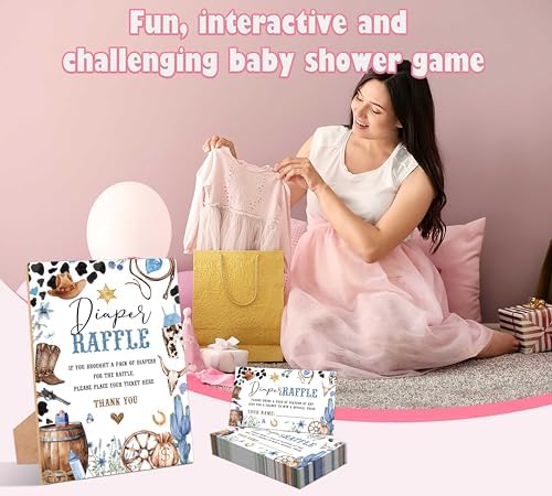 Cowboy Baby Shower Diaper Raffle Sign with Stand and 50 Tickets