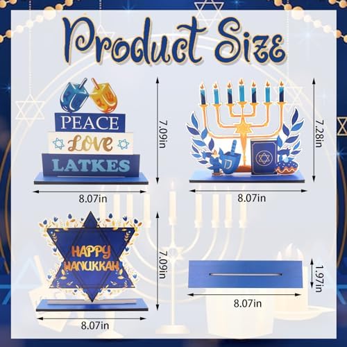 3 PCS Happy Hanukkah Table Centerpieces with Menorah and Star of David