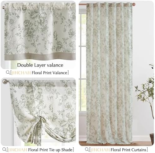 Jinchan Double Layer Linen Floral Valance for Kitchen Window