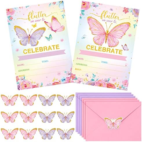 Sepamoon 24 Pack Butterfly Birthday Invitations with Envelopes and Stickers Pink