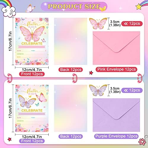 Sepamoon 24 Pack Butterfly Birthday Invitations with Envelopes and Stickers Pink