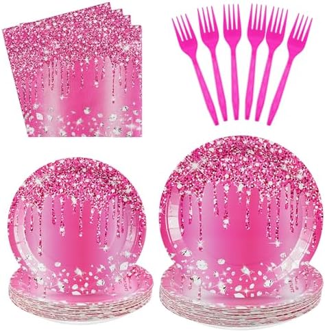 Grencian 96Pcs Hot Pink Silver Plates Tableware Set for Birthday Parties
