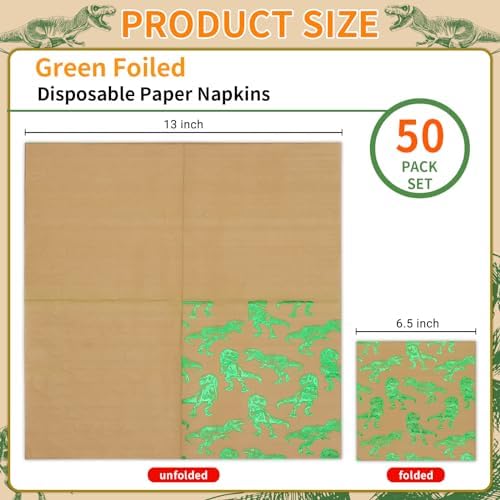 DYLIVeS Dinosaur Napkins 65 Inch Pack of 50 Green Foiled