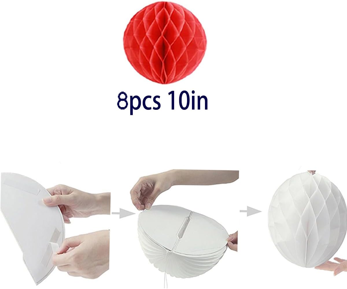 8pcs 10 Inch Red Honeycomb Balls for Decorations