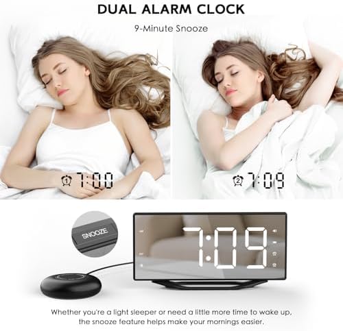 Vibrating Alarm Clock with LED Mirror and Bed Shaker