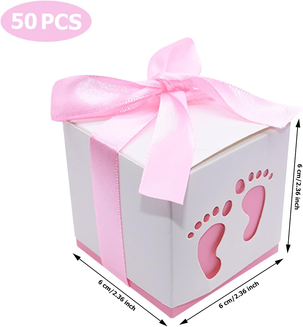 50pcs Footprint Design Candy Treat Boxes with Ribbon Pink
