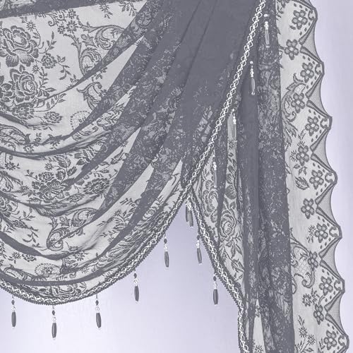 Elegant Grey Lace Valance with Bead Tassels 39x41