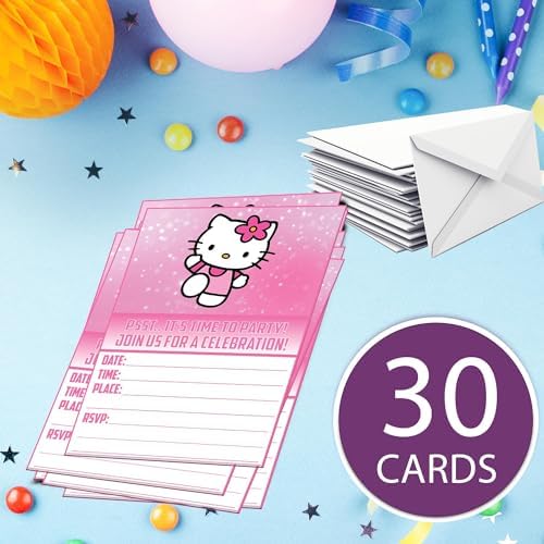 Set of 30 Cute Pink Cat Birthday Invites - Lightweight Party Cards