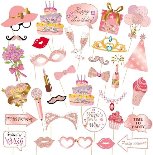 33PCS Glitter Rose Gold Photo Booth Props for Birthday
