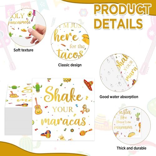 60Pcs Mexican Fiesta Party Napkins with Taco Design