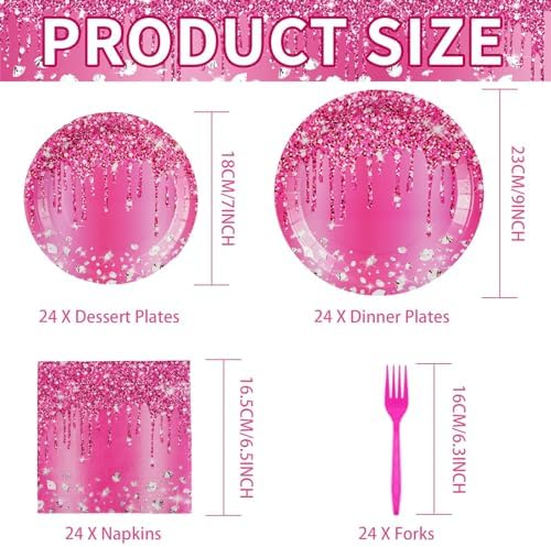 Grencian 96Pcs Hot Pink Silver Plates Tableware Set for Birthday Parties
