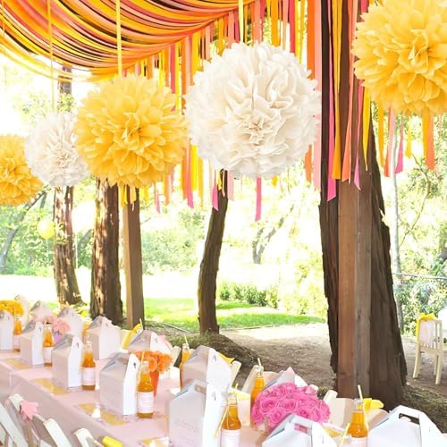 20 Pcs Yellow and Champagne Tissue Paper Pom Poms for Celebrations