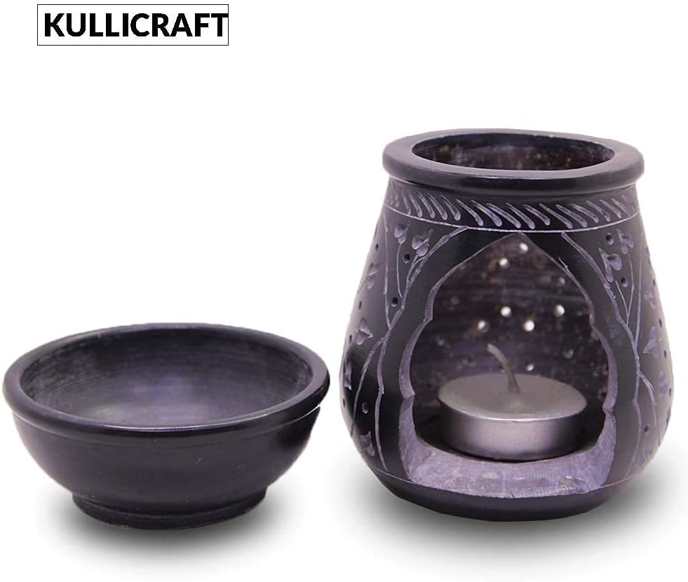 Handmade Soapstone Aroma Oil Burner with Round Floral Carving