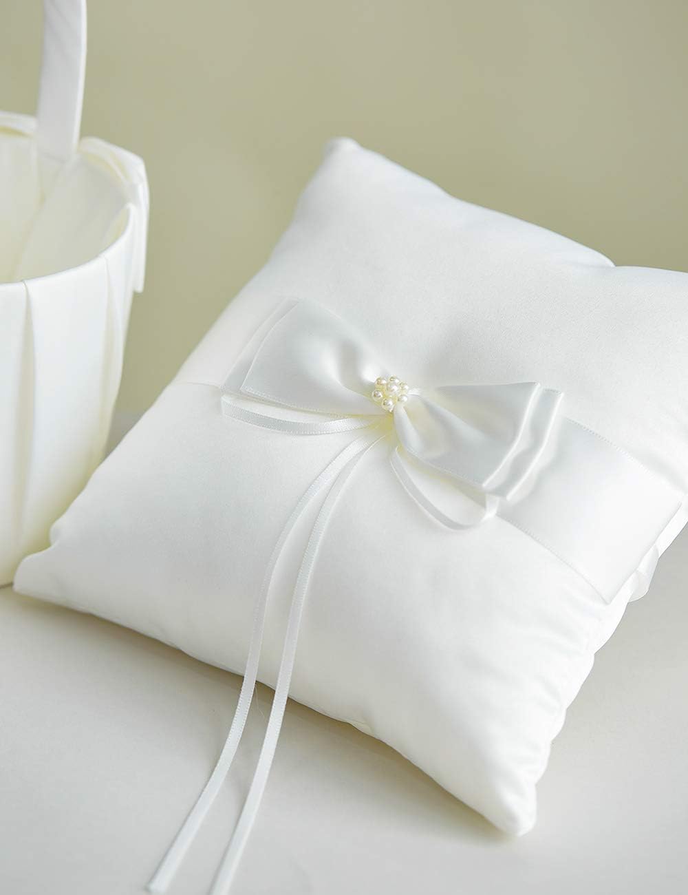 Wedding Flower Girl Basket and Ring Bearer Pillow Set - Ivory