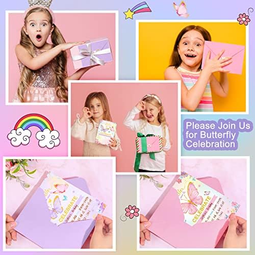 Sepamoon 24 Pack Butterfly Birthday Invitations with Envelopes and Stickers Pink