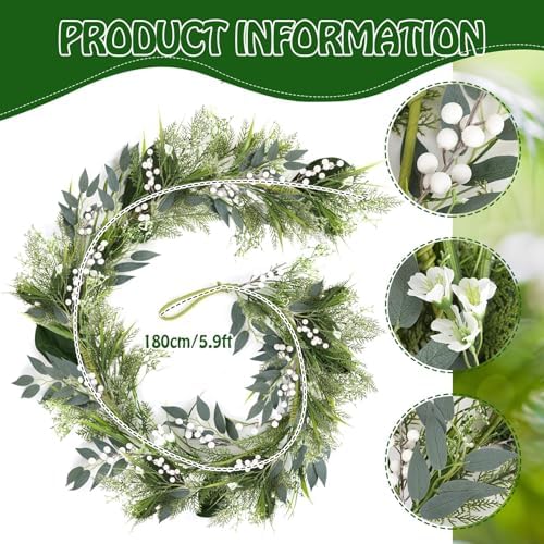 65 Ft Artificial White Flowers Garland with Berries