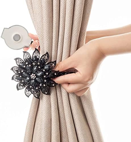 SUQ I OME Luxury Crystal Curtain Tieback with Magnetic Clip 2PCS Black