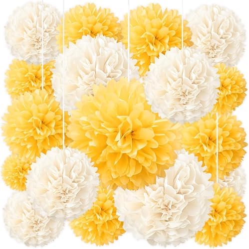 20 Pcs Yellow and Champagne Tissue Paper Pom Poms for Celebrations