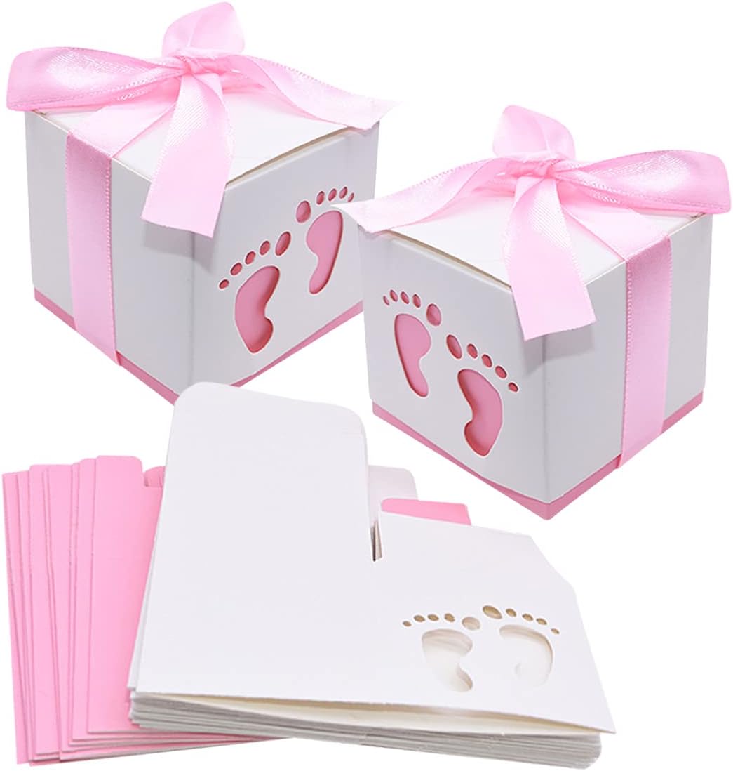 50pcs Footprint Design Candy Treat Boxes with Ribbon Pink