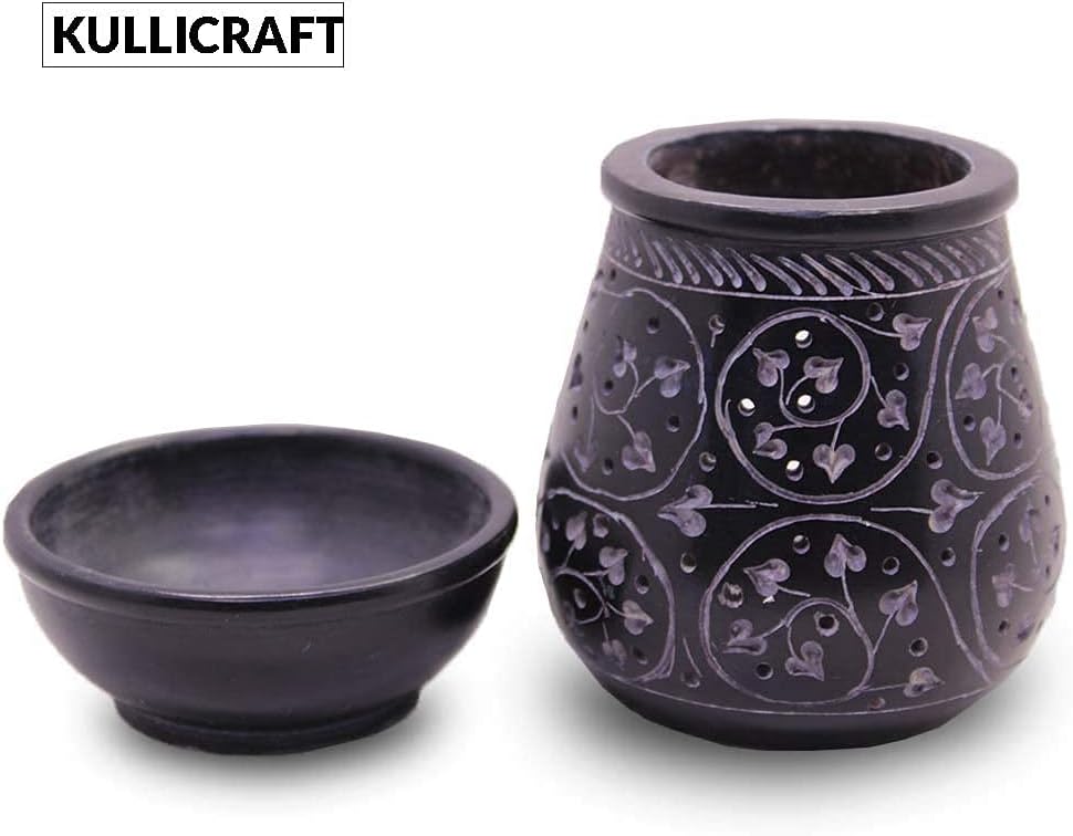 Handmade Soapstone Aroma Oil Burner with Round Floral Carving