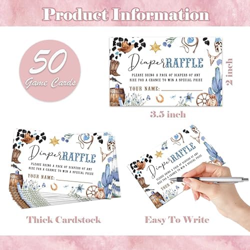 Cowboy Baby Shower Diaper Raffle Sign with Stand and 50 Tickets