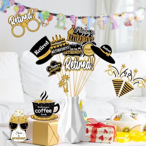 30Pcs Black Gold Retirement Photo Booth Props