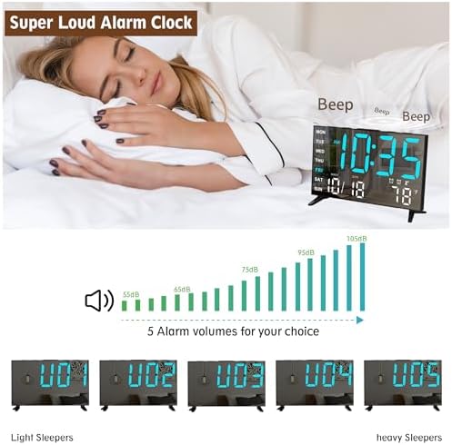 Mirror Digital Alarm Clock with Temperature and Dual Alarms BlackIce Blue Digit