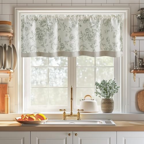 Jinchan Double Layer Linen Floral Valance for Kitchen Window