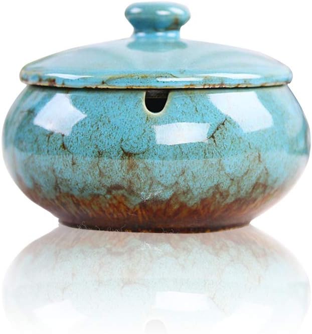 Lependor Ceramic Ashtray with Lid Windproof Blue