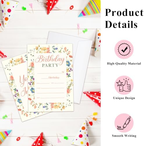 Wildflower Birthday Invitation Cards with Envelopes - 20 Pack