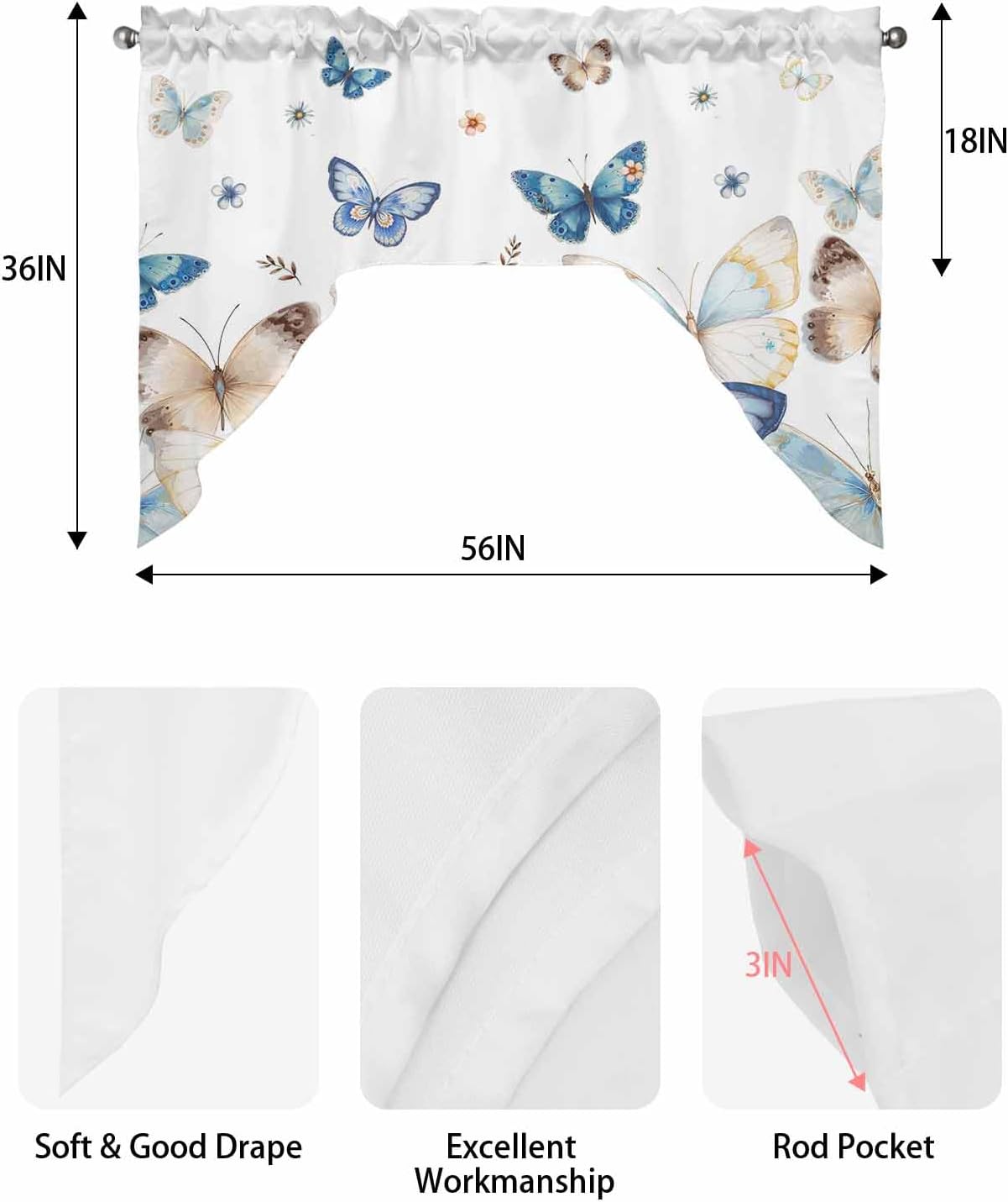 Blue Butter-Fly Swag Valance Kitchen Curtains Country Aesthetics Gradient Brown Art 56x36